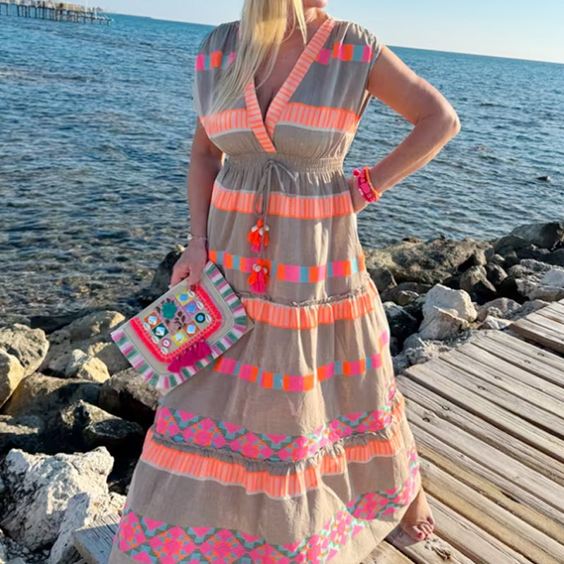 ✨2025 Meilleures ventes💖Robe sans manches à col en V pour femmes, motif vintage à rayures