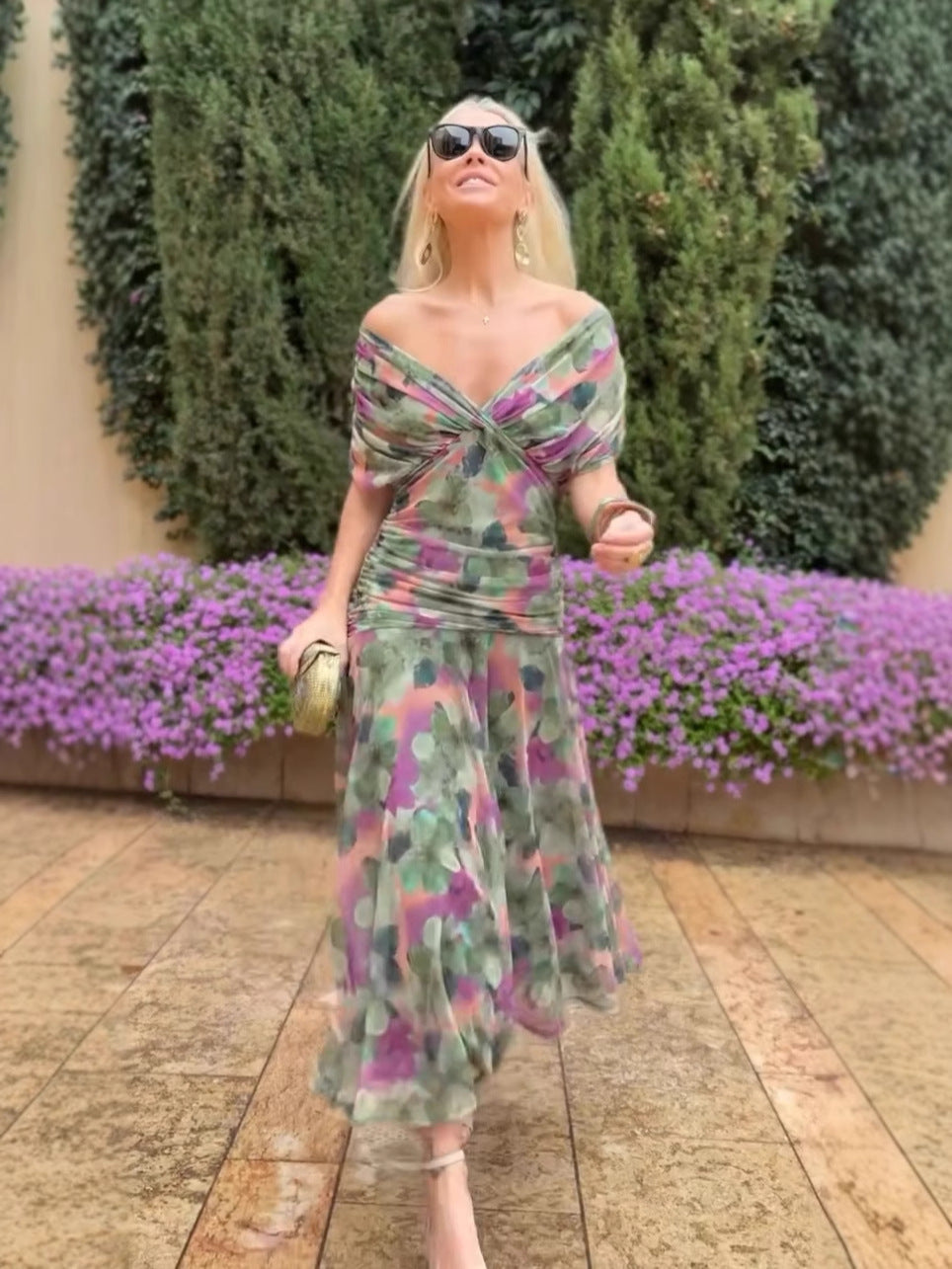 🎁 Vente chaude 50% de réduction 🔥 Robe imprimée à col V hors épaule pour femmes
