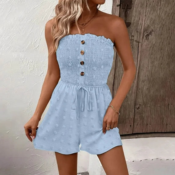 đLast Day Promotion 50% OFFđWomen's Strapless Frill Trim Shirred Tie Front Wide Leg Tube Romper