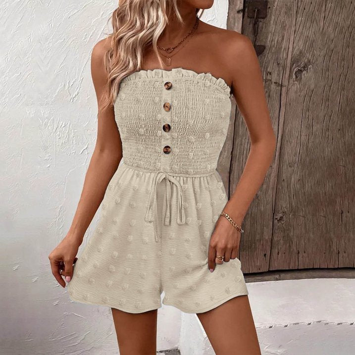 đLast Day Promotion 50% OFFđWomen's Strapless Frill Trim Shirred Tie Front Wide Leg Tube Romper