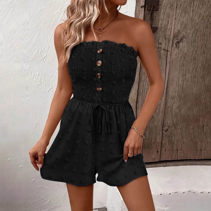 đLast Day Promotion 50% OFFđWomen's Strapless Frill Trim Shirred Tie Front Wide Leg Tube Romper