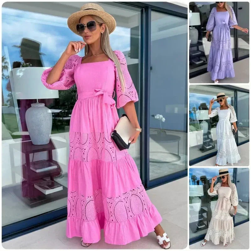 đRobe longue Ă col carrĂ© et taille nouĂ©e en patchwork tendance pour femme