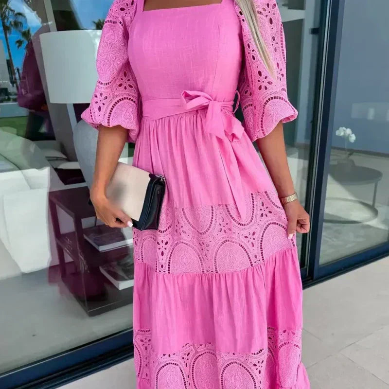 đRobe longue Ă col carrĂ© et taille nouĂ©e en patchwork tendance pour femme