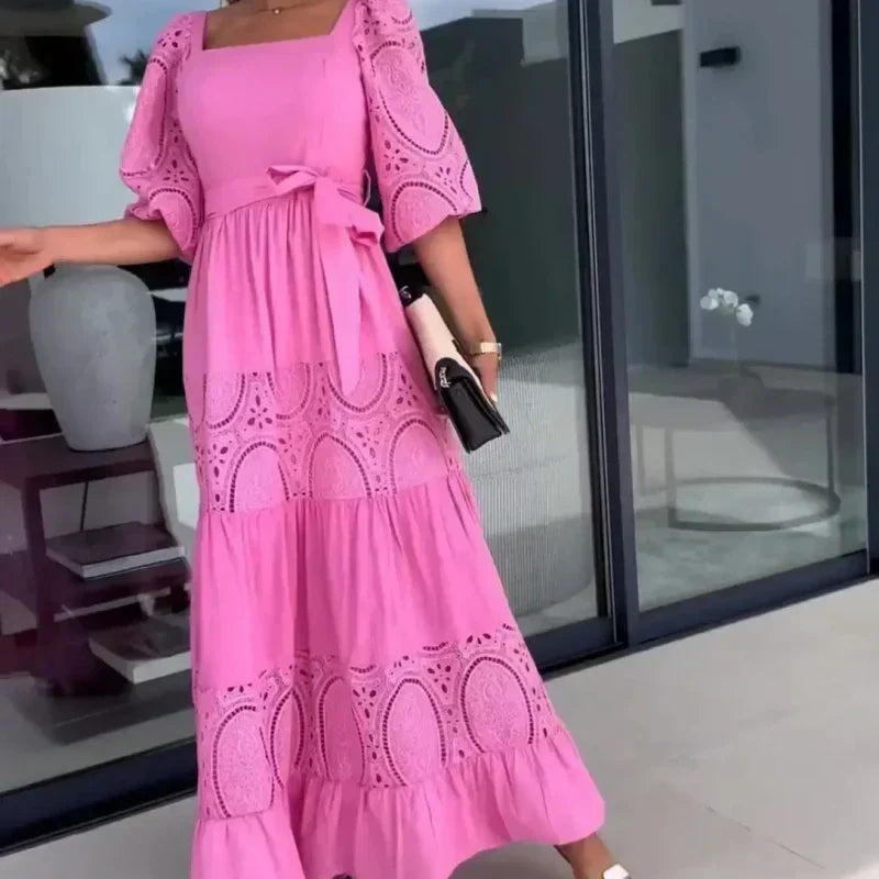 đRobe longue Ă col carrĂ© et taille nouĂ©e en patchwork tendance pour femme