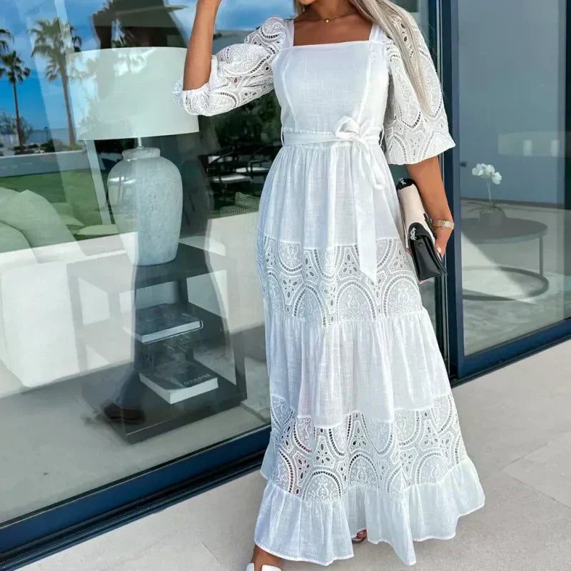 đRobe longue Ă col carrĂ© et taille nouĂ©e en patchwork tendance pour femme