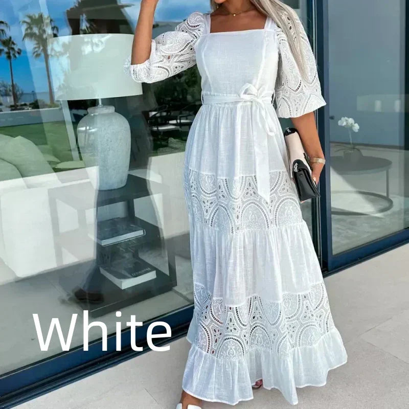 đRobe longue Ă col carrĂ© et taille nouĂ©e en patchwork tendance pour femme
