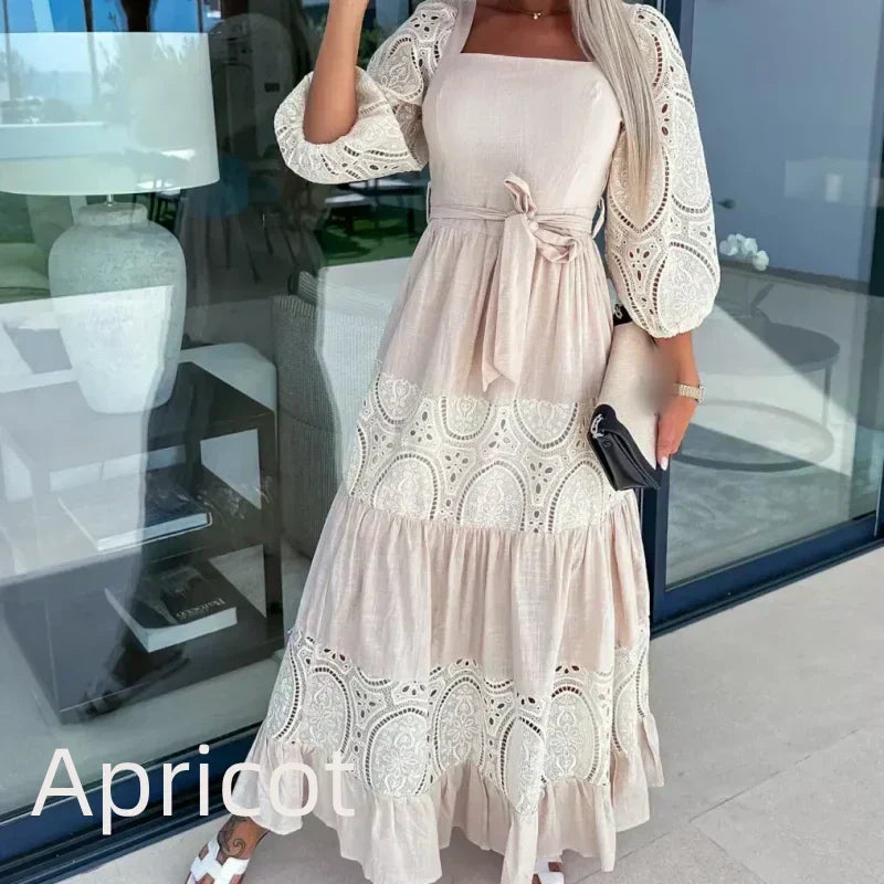 đRobe longue Ă col carrĂ© et taille nouĂ©e en patchwork tendance pour femme