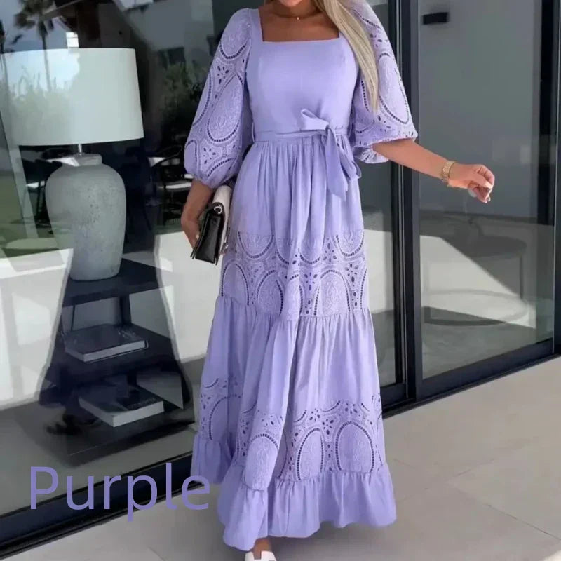 đRobe longue Ă col carrĂ© et taille nouĂ©e en patchwork tendance pour femme