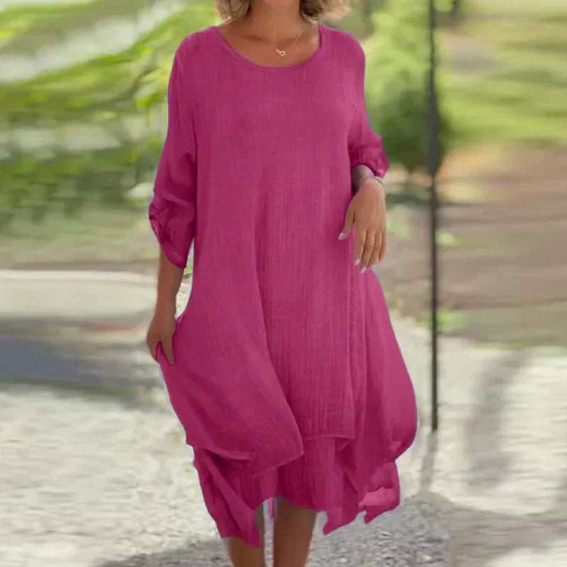 🌼Vente du dernier jour 50% DE RÉDUCTION 🌼 Robe pour femme de couleur unie élégante à col rond et à la coupe ample.