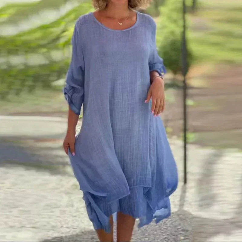 🌼Vente du dernier jour 50% DE RÉDUCTION 🌼 Robe pour femme de couleur unie élégante à col rond et à la coupe ample.