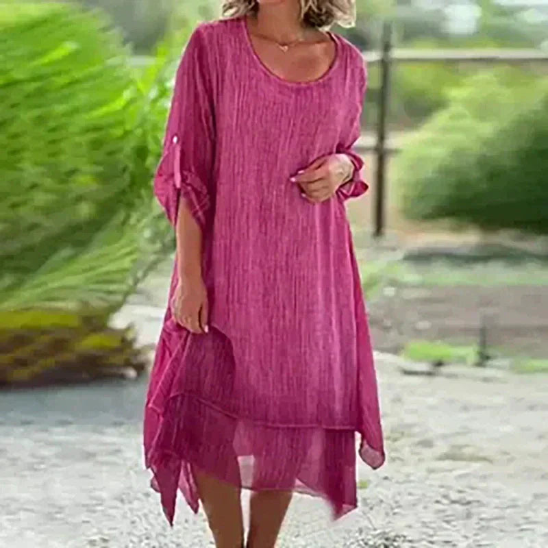 🌼Vente du dernier jour 50% DE RÉDUCTION 🌼 Robe pour femme de couleur unie élégante à col rond et à la coupe ample.