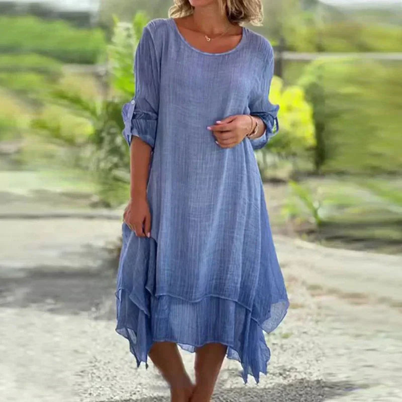 🌼Vente du dernier jour 50% DE RÉDUCTION 🌼 Robe pour femme de couleur unie élégante à col rond et à la coupe ample.