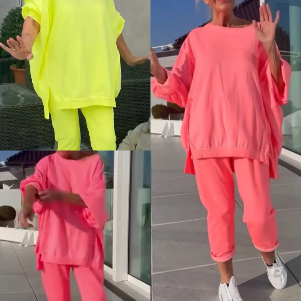 Combinaison de loisir pour femmes à encolure ronde et fendue de couleur fluorescente(🔥55% de réduction)