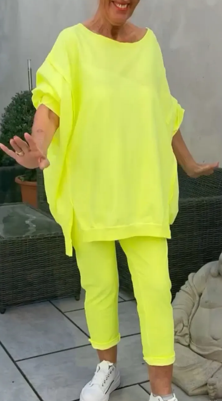Combinaison de loisir pour femmes à encolure ronde et fendue de couleur fluorescente(🔥55% de réduction)
