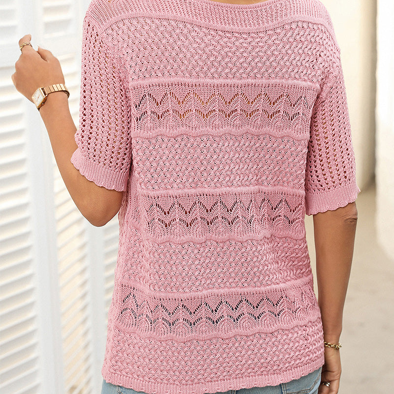 🏆Jusqu'à 50% de réduction !🌷Pull femme manches courtes col rond aspect ajouré et crochet