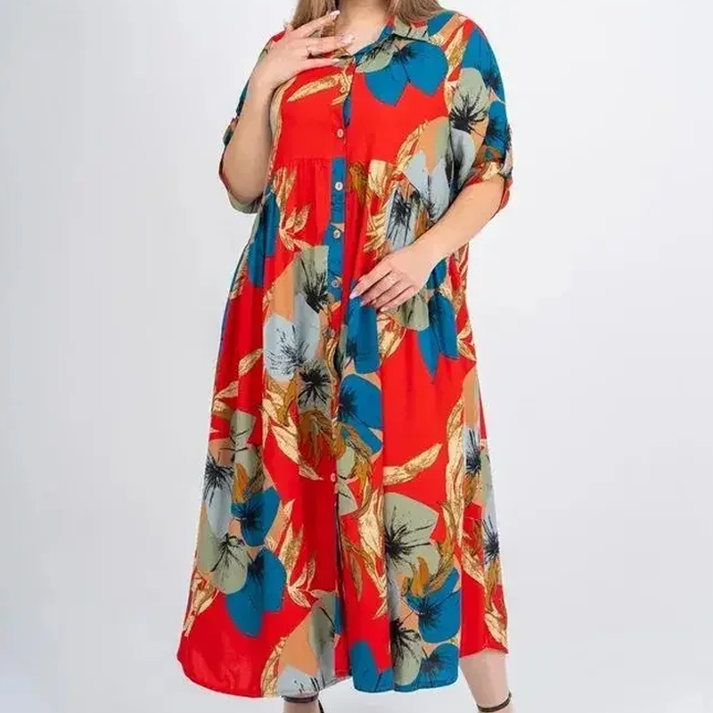Robe longue ample imprimée boutonnée à revers pour femme