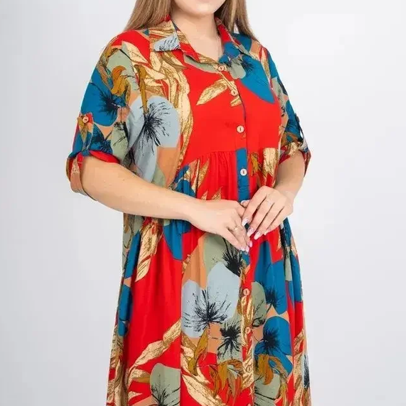 Robe longue ample imprimée boutonnée à revers pour femme