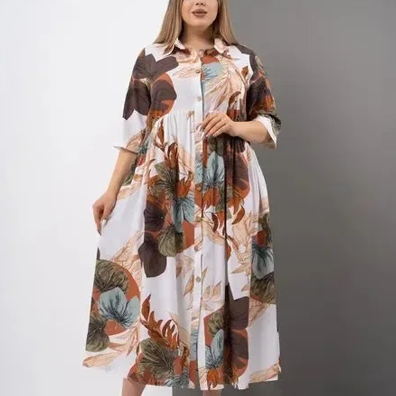 Robe longue ample imprimée boutonnée à revers pour femme