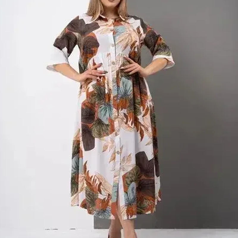 Robe longue ample imprimée boutonnée à revers pour femme
