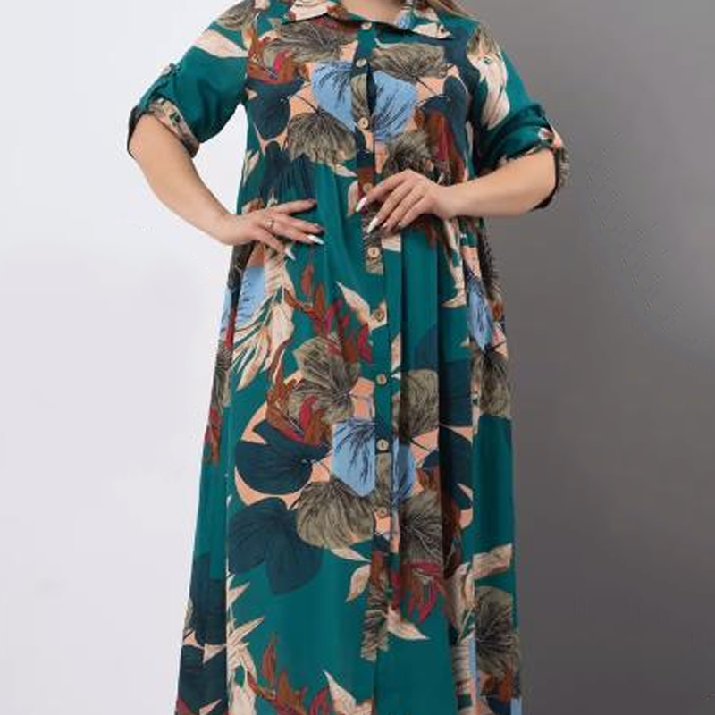 Robe longue ample imprimée boutonnée à revers pour femme
