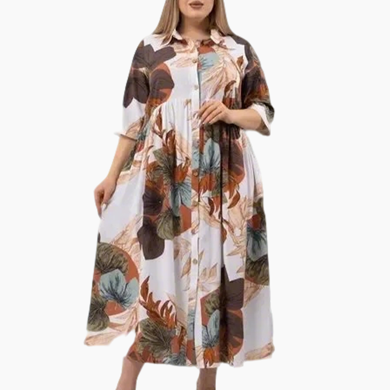 Robe longue ample imprimée boutonnée à revers pour femme