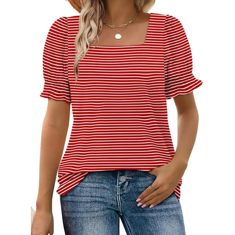 T-shirt femme à col carré et imprimé à rayures