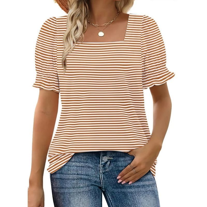 T-shirt femme à col carré et imprimé à rayures