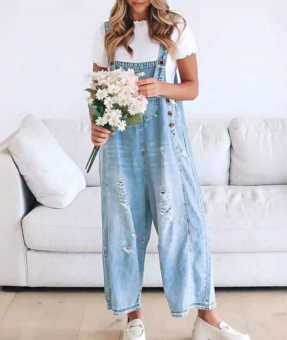 đ„Vente limitĂ©e Ă 50 % de rĂ©ductionđSalopette en denim dĂ©chirĂ©e pour femmes, mignonne et dĂ©contractĂ©e, avec boutons