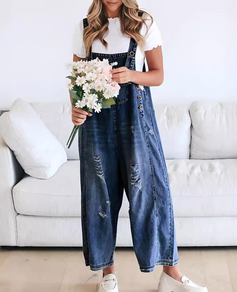 đ„Vente limitĂ©e Ă 50 % de rĂ©ductionđSalopette en denim dĂ©chirĂ©e pour femmes, mignonne et dĂ©contractĂ©e, avec boutons