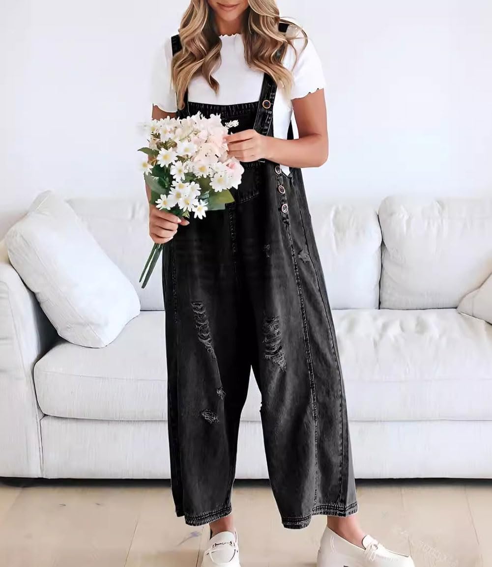 đ„Vente limitĂ©e Ă 50 % de rĂ©ductionđSalopette en denim dĂ©chirĂ©e pour femmes, mignonne et dĂ©contractĂ©e, avec boutons