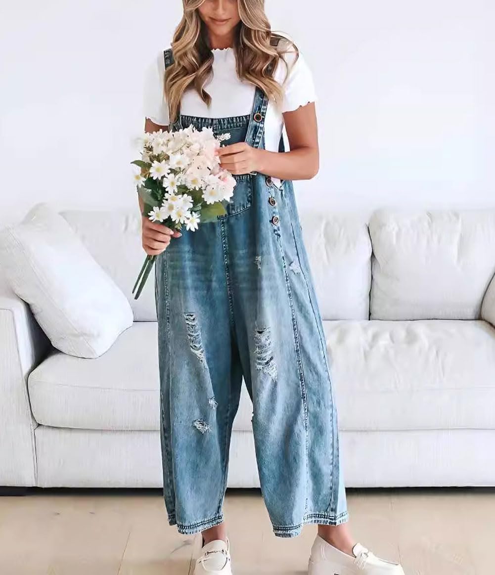 đ„Vente limitĂ©e Ă 50 % de rĂ©ductionđSalopette en denim dĂ©chirĂ©e pour femmes, mignonne et dĂ©contractĂ©e, avec boutons