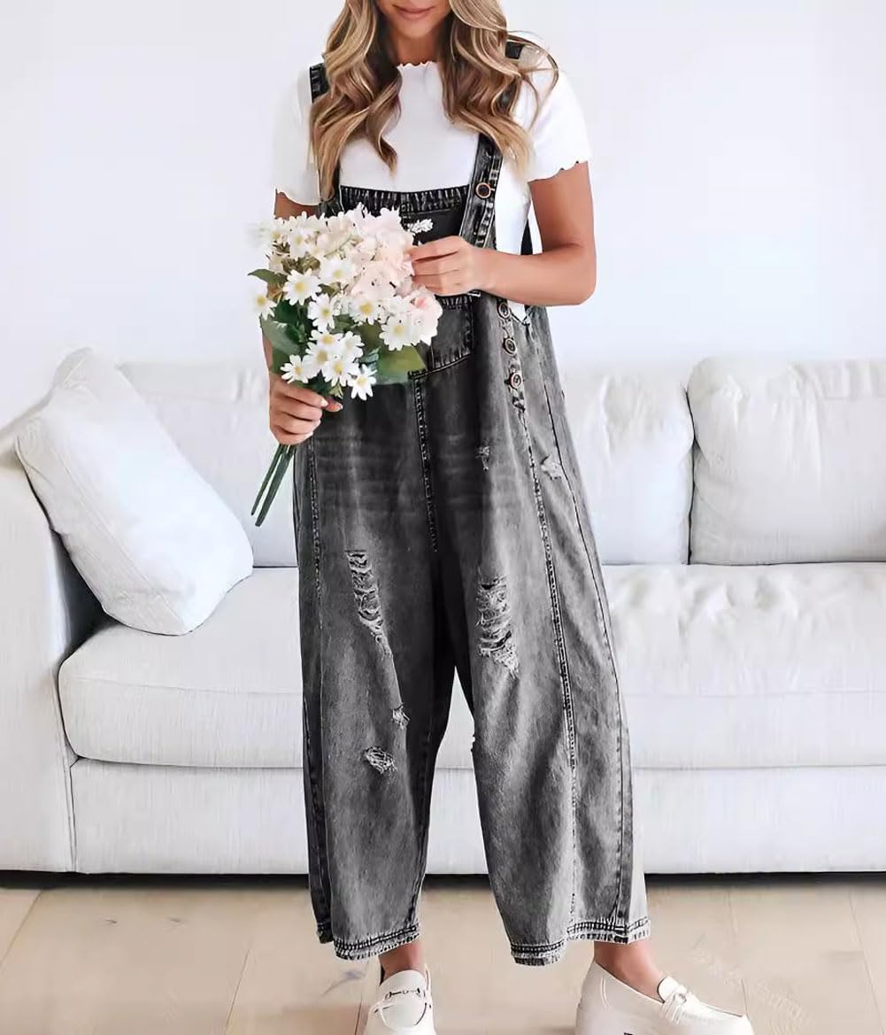 đ„Vente limitĂ©e Ă 50 % de rĂ©ductionđSalopette en denim dĂ©chirĂ©e pour femmes, mignonne et dĂ©contractĂ©e, avec boutons