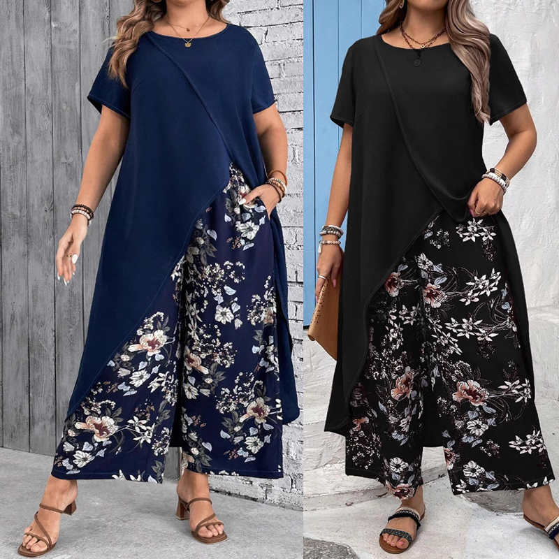 Ensemble femme - Top et pantalon imprimé de couleur unie