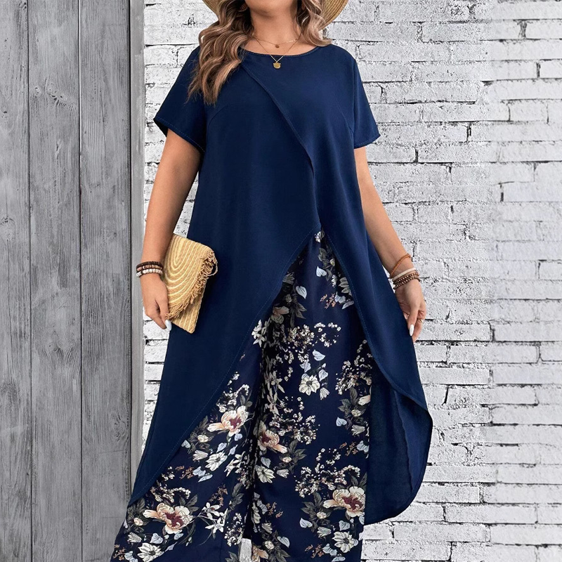 Ensemble femme - Top et pantalon imprimé de couleur unie