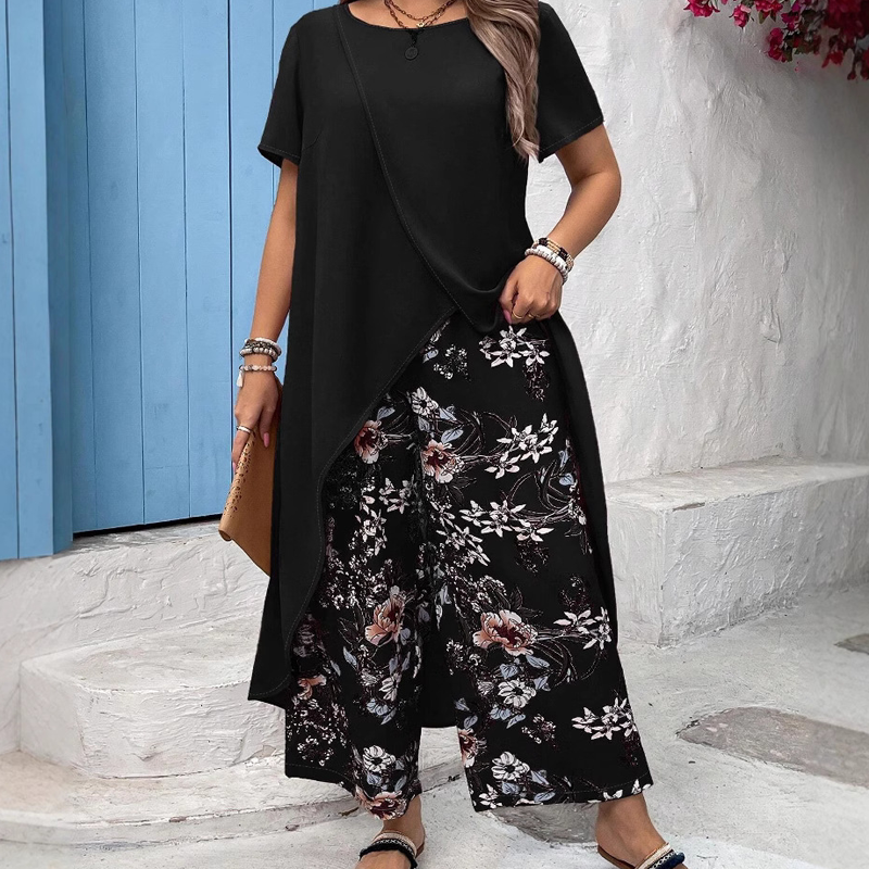 Ensemble femme - Top et pantalon imprimé de couleur unie