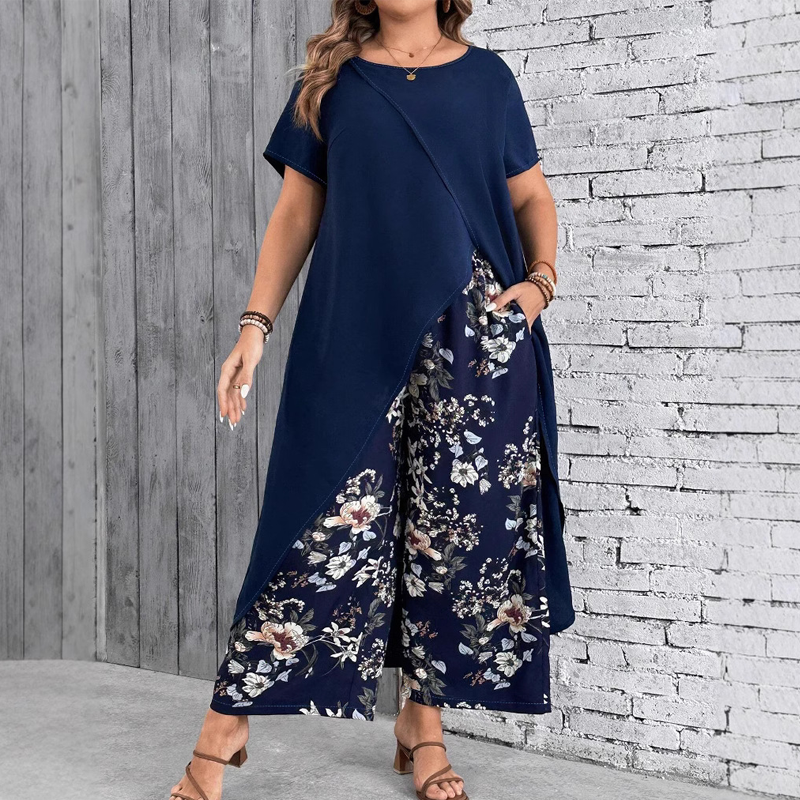 Ensemble femme - Top et pantalon imprimé de couleur unie