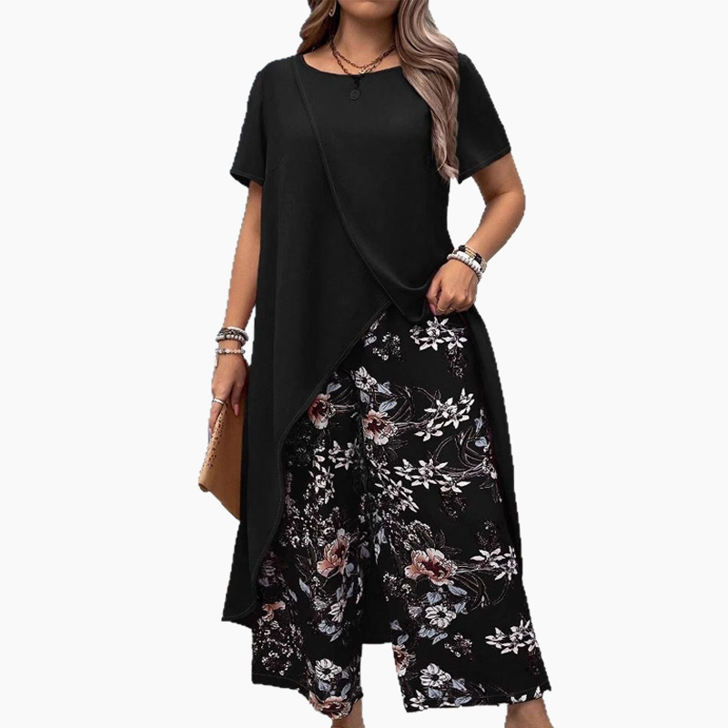 Ensemble femme - Top et pantalon imprimé de couleur unie