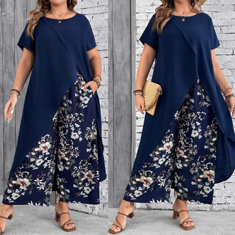 Ensemble femme - Top et pantalon imprimé de couleur unie