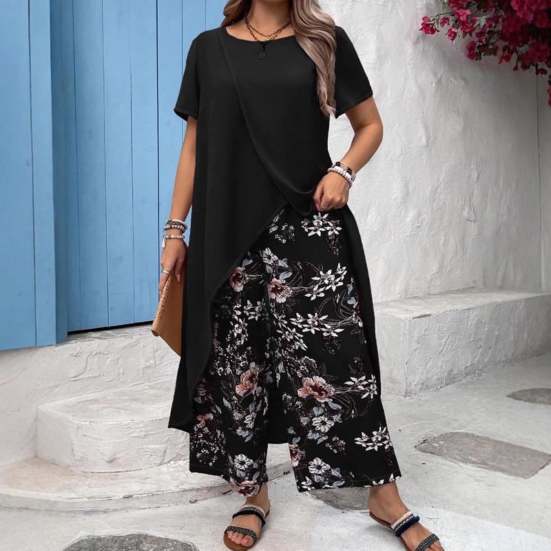 Ensemble femme - Top et pantalon imprimé de couleur unie