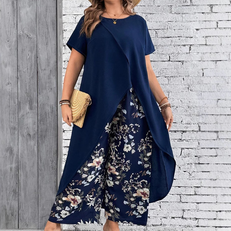 Ensemble femme - Top et pantalon imprimé de couleur unie