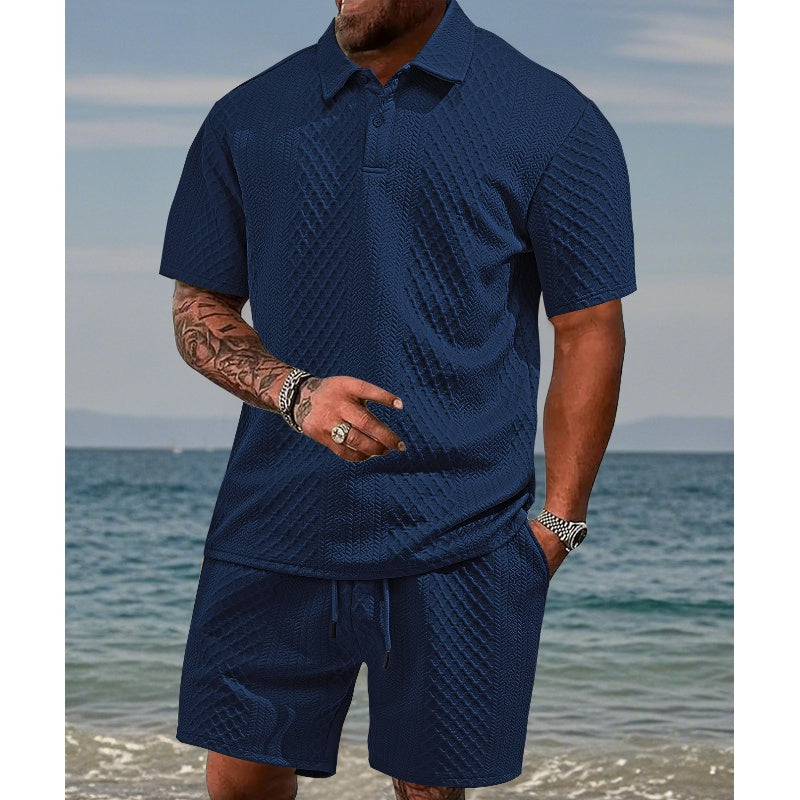 💪Ensemble 2 pièces pour homme : haut à col rabattu et manches courtes à motif losange et short à cordon