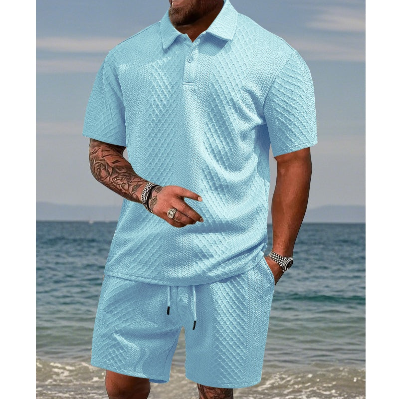 💪Ensemble 2 pièces pour homme : haut à col rabattu et manches courtes à motif losange et short à cordon