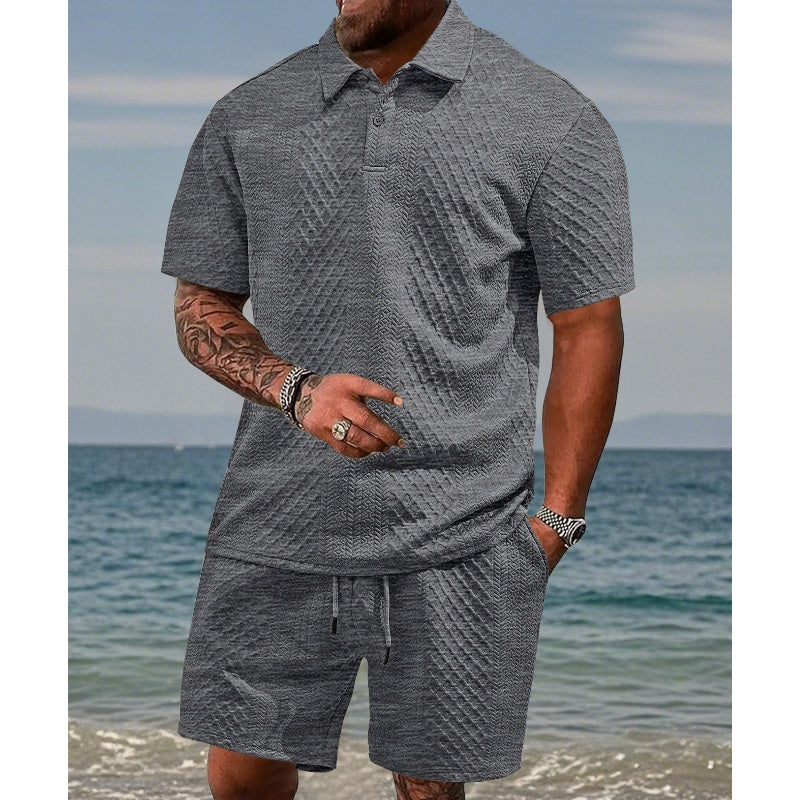 💪Ensemble 2 pièces pour homme : haut à col rabattu et manches courtes à motif losange et short à cordon