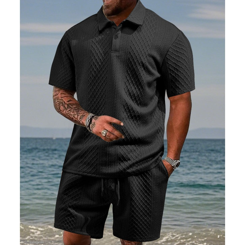 💪Ensemble 2 pièces pour homme : haut à col rabattu et manches courtes à motif losange et short à cordon