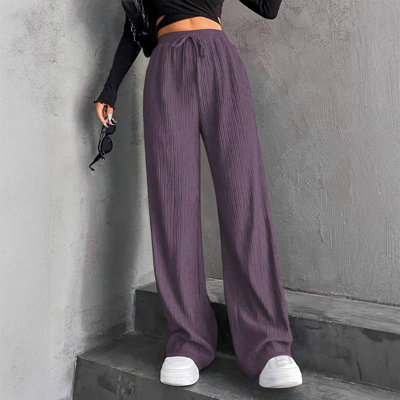 Pantalon large côtelé texturé à taille élastique et cordon de serrage pour femme