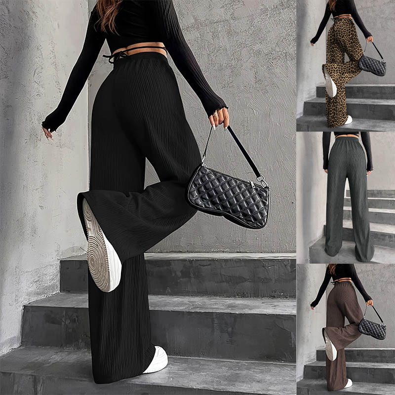 Pantalon large côtelé texturé à taille élastique et cordon de serrage pour femme