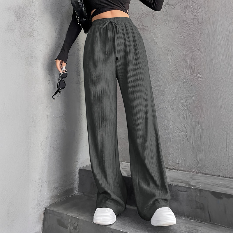 Pantalon large côtelé texturé à taille élastique et cordon de serrage pour femme