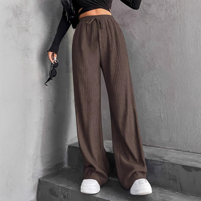 Pantalon large côtelé texturé à taille élastique et cordon de serrage pour femme