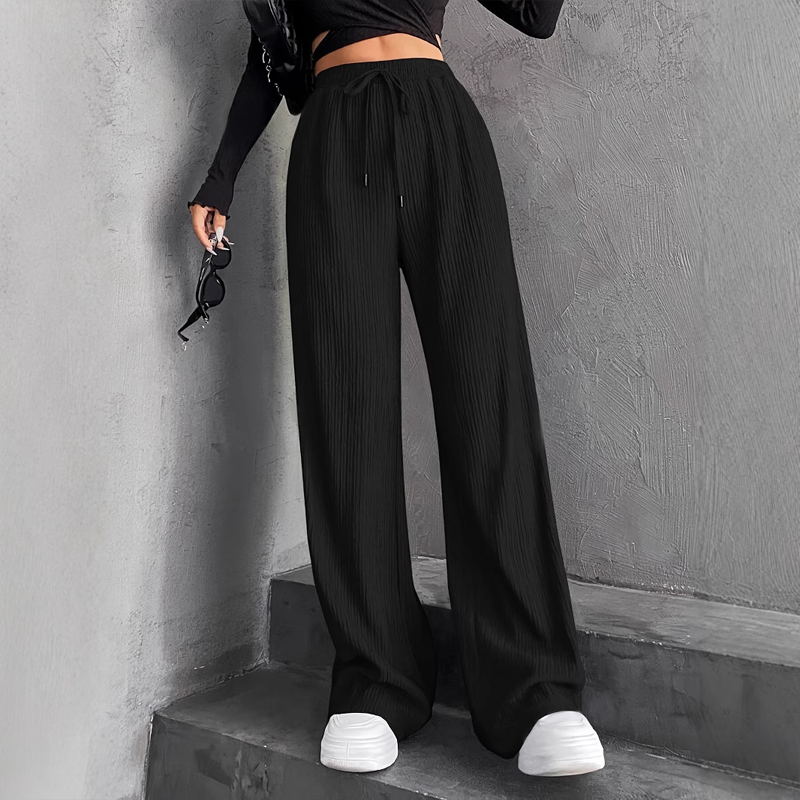 Pantalon large côtelé texturé à taille élastique et cordon de serrage pour femme