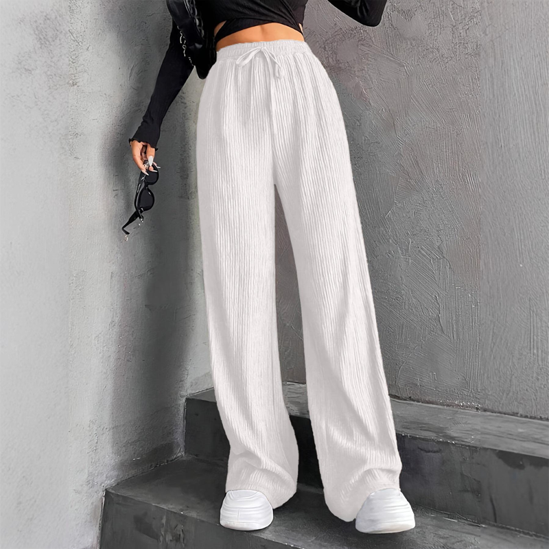 Pantalon large côtelé texturé à taille élastique et cordon de serrage pour femme